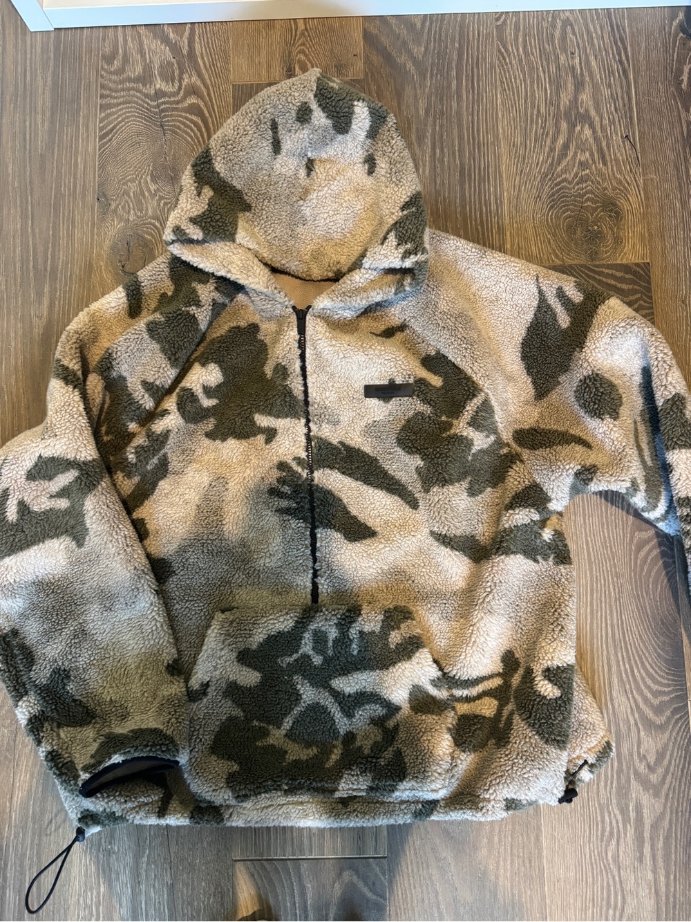 Fear of god Essentials Men's Half-Zip Sherpa Hoodie in Beige and Olive Camo